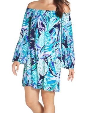 Lilly Pulitzer Size S Blue 3/4 Sleeve Dress Shift Smocked Short GREAT CONDITION